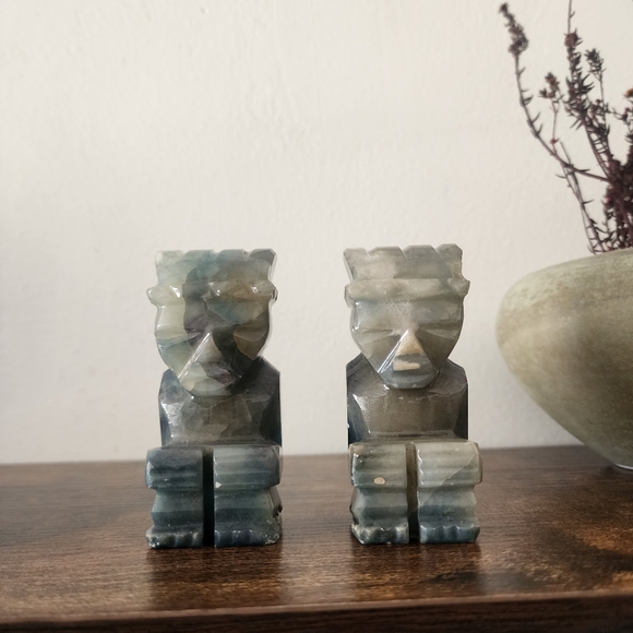 Vintage Natural Stone Marble Small Pair of 2 Tiki Aztec Figurine Bookends - Picture 8 of 8